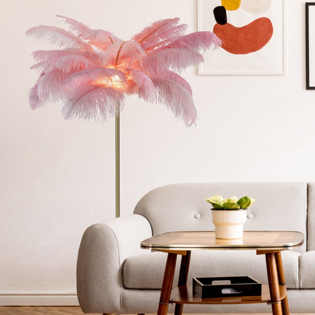 Decorative Floor Lamp Glam Ostrich Feather Gold Iron Stem Warm White 3000K Foot Switch White Pink Teal 61 Inch