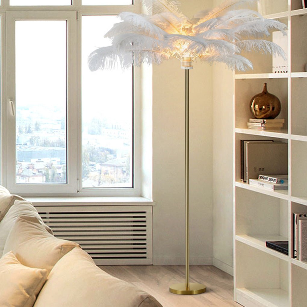 Decorative Floor Lamp Glam Ostrich Feather Gold Iron Stem Warm White 3000K Foot Switch White Pink Teal 61 Inch