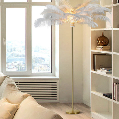 Decorative Floor Lamp Glam Ostrich Feather Gold Iron Stem Warm White 3000K Foot Switch White Pink Teal 61 Inch