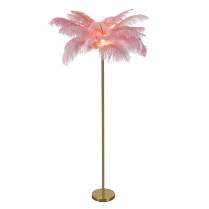 Decorative Floor Lamp Glam Ostrich Feather Gold Iron Stem Warm White 3000K Foot Switch White Pink Teal 61 Inch