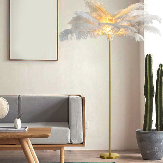 Decorative Floor Lamp Glam Ostrich Feather Gold Iron Stem Warm White 3000K Foot Switch White Pink Teal 61 Inch