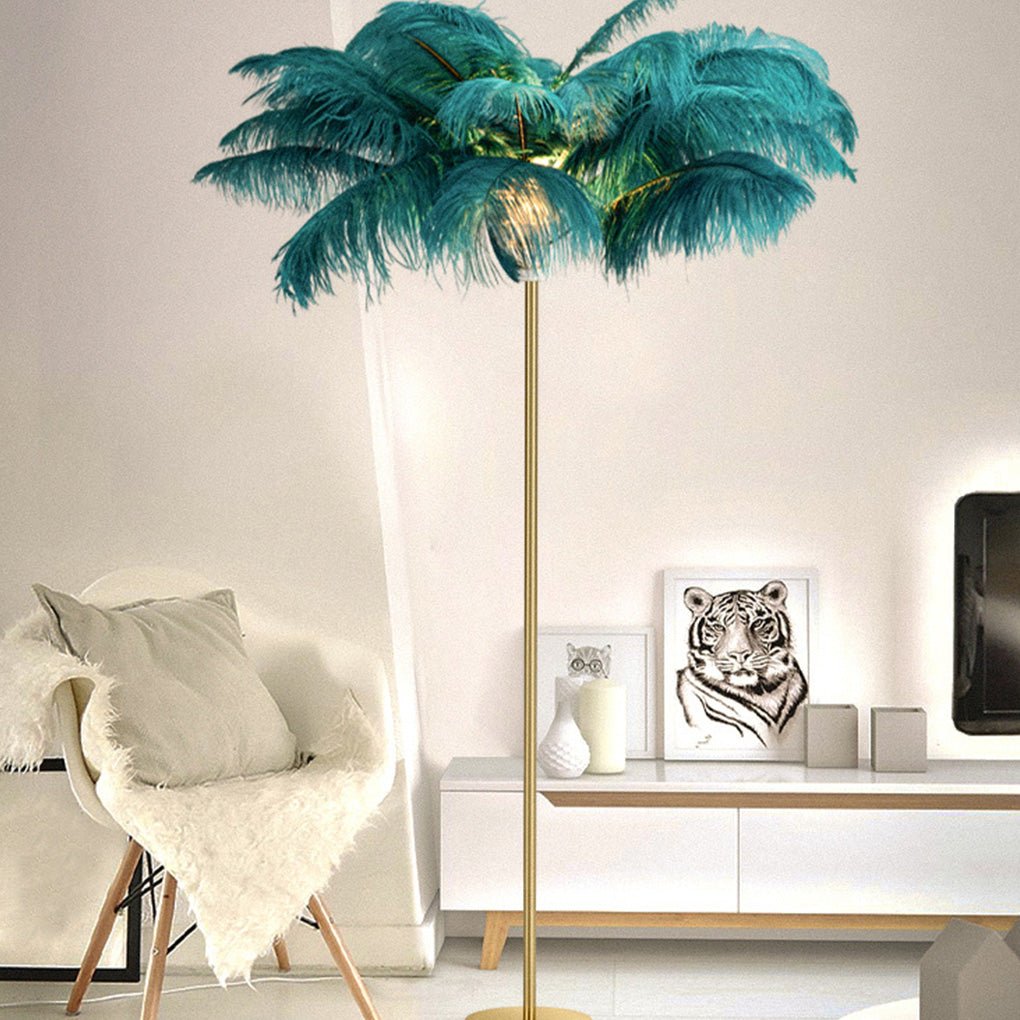 Decorative Floor Lamp Glam Ostrich Feather Gold Iron Stem Warm White 3000K Foot Switch White Pink Teal 61 Inch