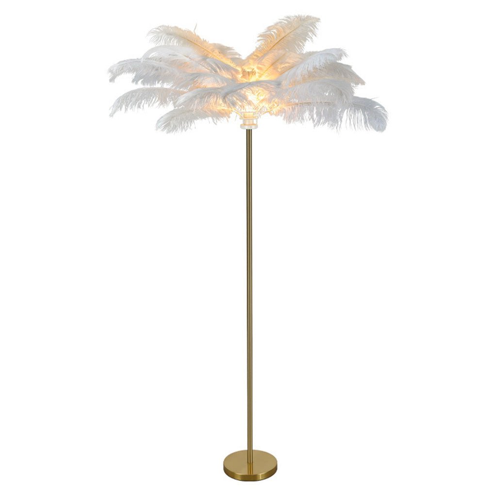 Decorative Floor Lamp Glam Ostrich Feather Gold Iron Stem Warm White 3000K Foot Switch White Pink Teal 61 Inch