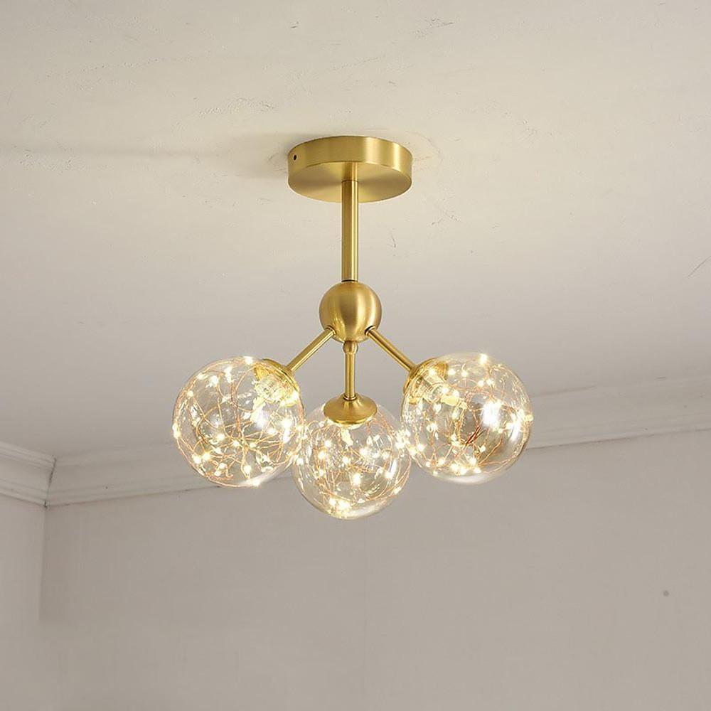 3-Globe Copper Glass Semi-Flush Mount Ceiling Light — Modern Copper Glass LED Amber White Neutral White 4000K