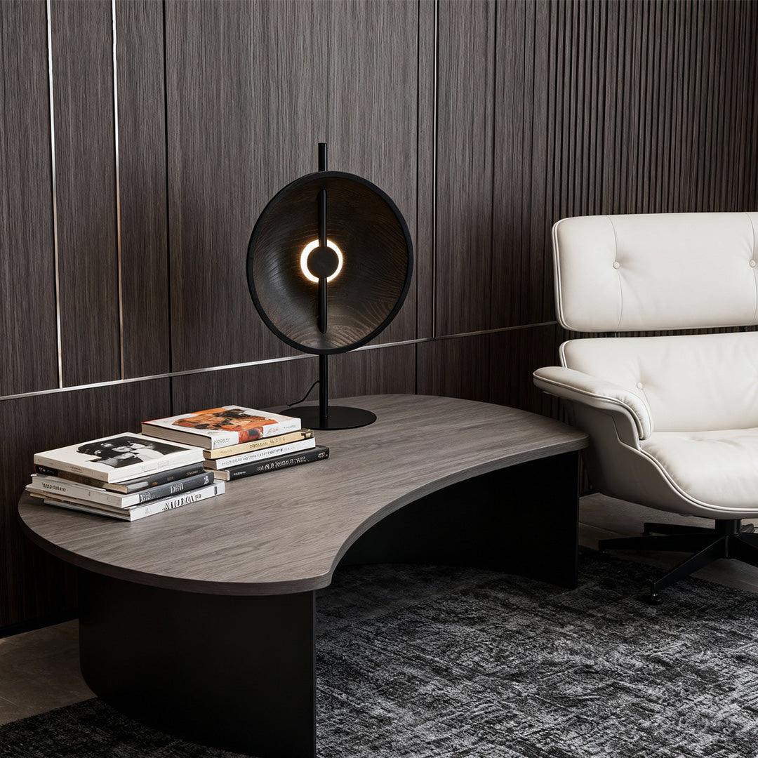 Ash Wood Round Disc Table Lamp Modern Minimalist LED Warm White Black or Natural 20.47 Inch