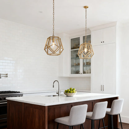 Gold Geometric Pendant Light Nordic Open Cage Polyhedron E12 Kitchen Island Hallway 12 Inch