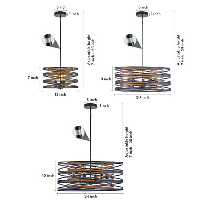 Black Drum Pendant Light Stacked Iron Rings Walnut Accent E12 American Retro 3 Sizes Dining Bar