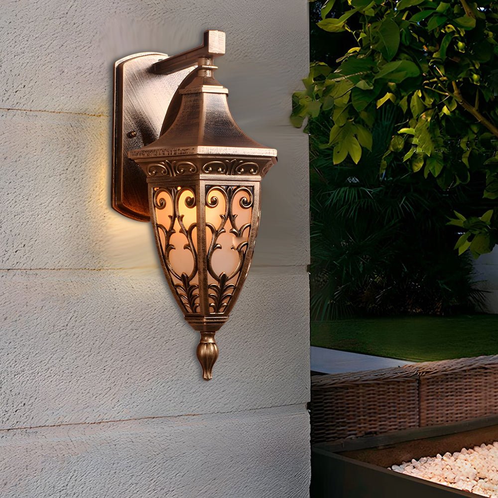 Antique Art Deco Outdoor Wall Lantern Bronze Floral Glass E27 IP54 Courtyard