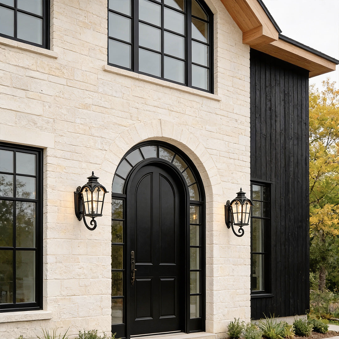 European Style Outdoor Black Wall Sconce Die-Cast Aluminum Tempered Glass E27 Waterproof 3 Sizes Balcony Villa Yard