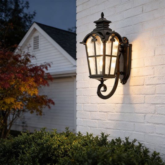 European Style Outdoor Black Wall Sconce Die-Cast Aluminum Tempered Glass E27 Waterproof 3 Sizes Balcony Villa Yard