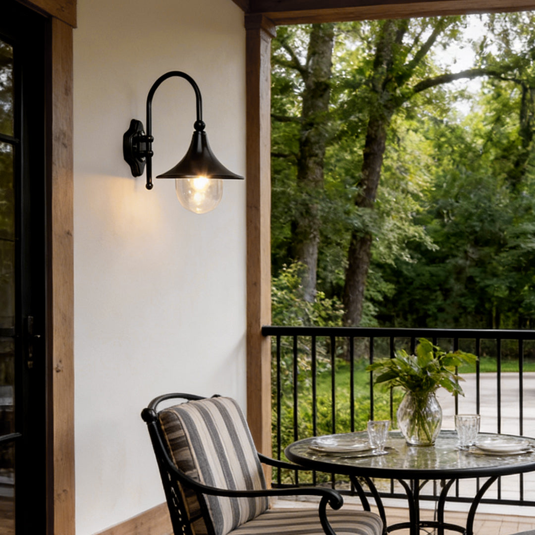 Retro Black Outdoor Wall Sconce Trumpet Bell Shade Gooseneck Arm LED 12W