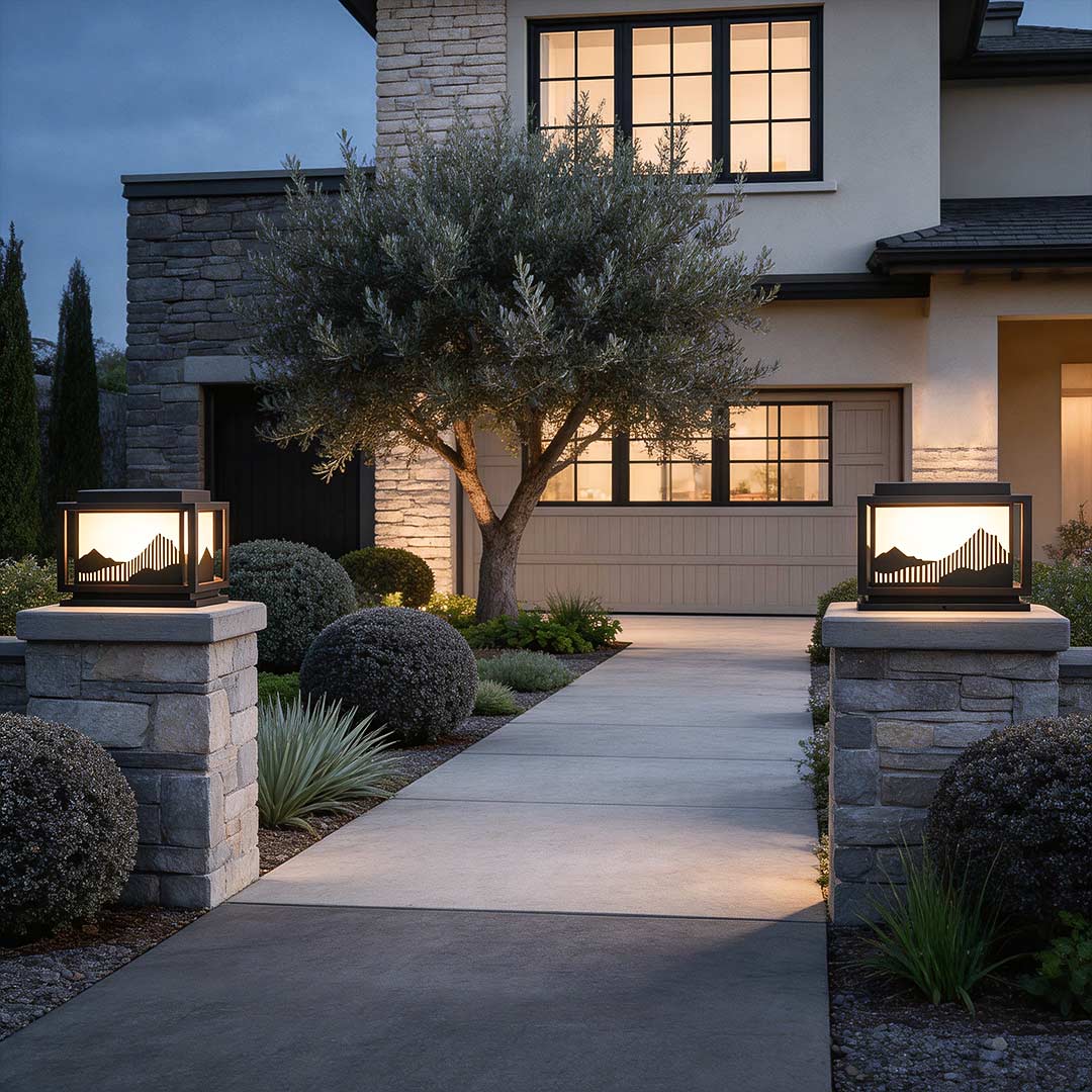 Japanese Style Landscape Art Panel Galvanized Steel Acrylic Solar Outdoor Pillar Light Coffee IP65 CRI90 5 Sizes
