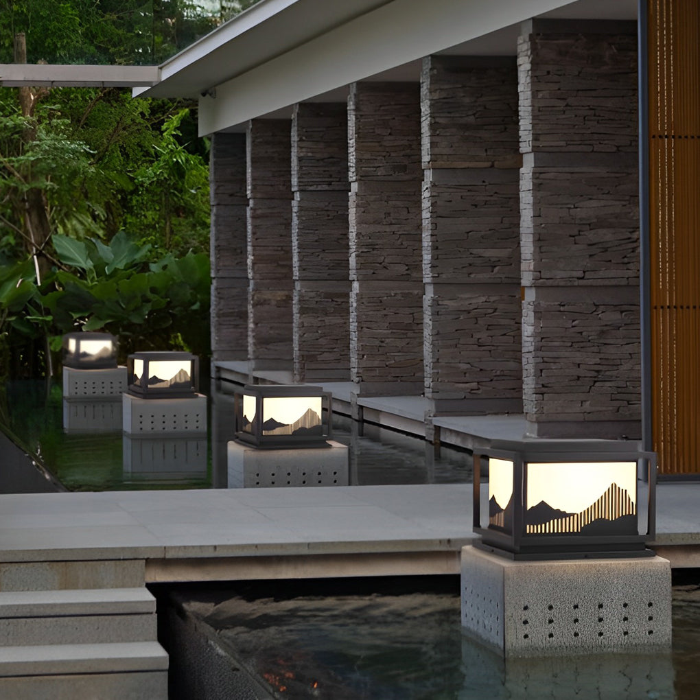Japanese Style Landscape Art Panel Galvanized Steel Acrylic Solar Outdoor Pillar Light Coffee IP65 CRI90 5 Sizes