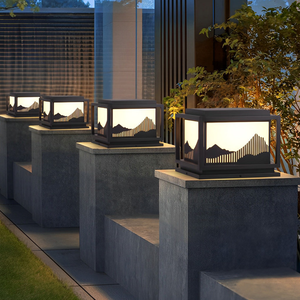 Japanese Style Landscape Art Panel Galvanized Steel Acrylic Solar Outdoor Pillar Light Coffee IP65 CRI90 5 Sizes