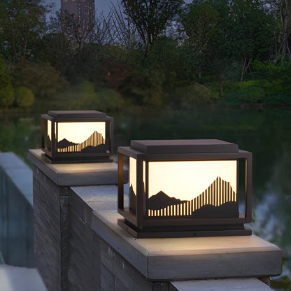 Japanese Style Landscape Art Panel Galvanized Steel Acrylic Solar Outdoor Pillar Light Coffee IP65 CRI90 5 Sizes