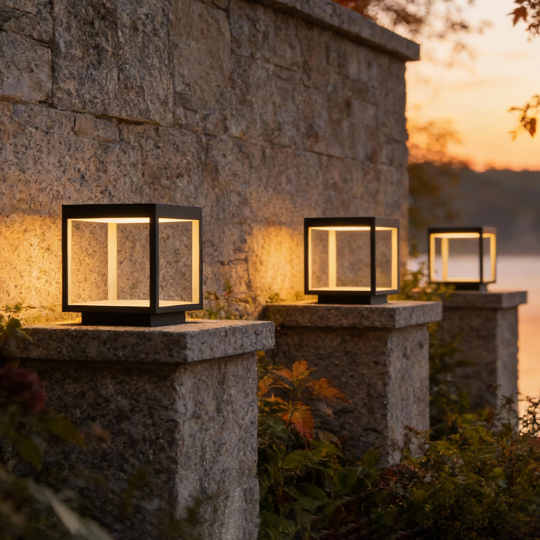 Modern Open Frame Square Outdoor Pillar Light Black Stainless Steel Acrylic Solar or Hardwired IP54 3 Sizes