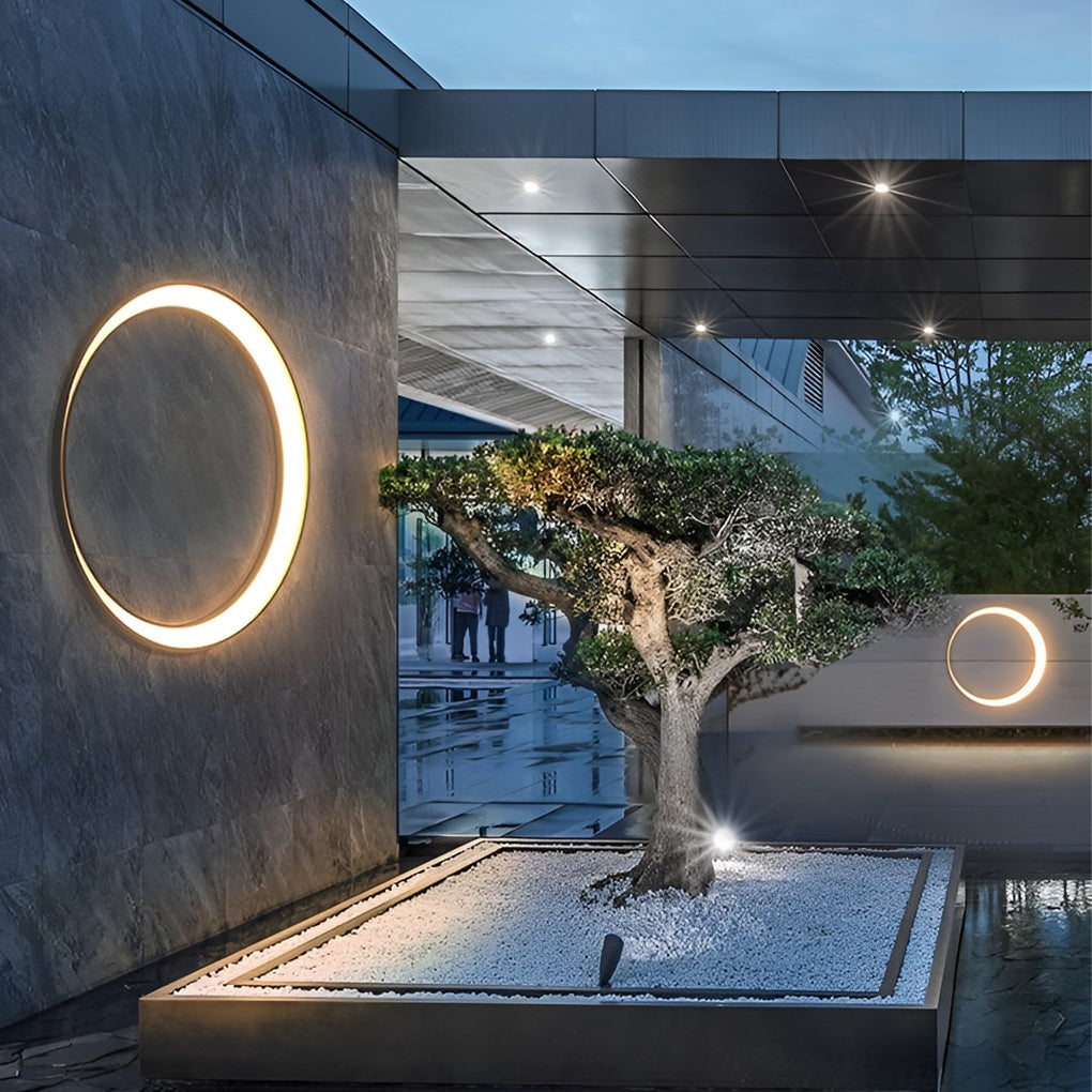 Modern Full Moon Circular LED Outdoor Wall Sconce Stainless Steel PC IP65 3 Sizes Garden Villa