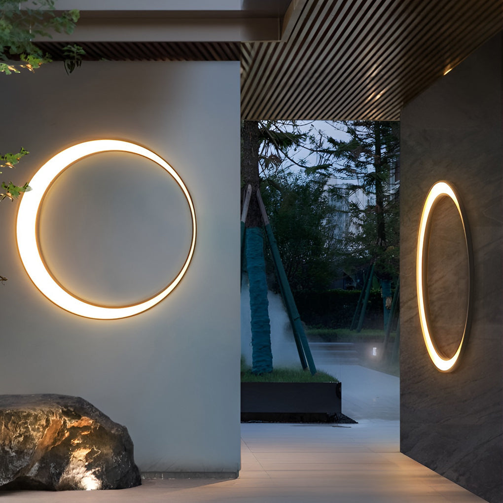 Modern Full Moon Circular LED Outdoor Wall Sconce Stainless Steel PC IP65 3 Sizes Garden Villa