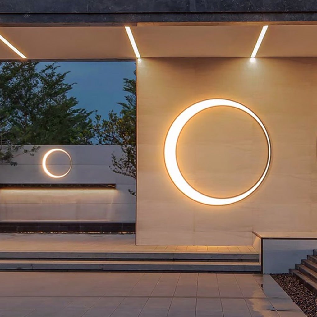 Modern Full Moon Circular LED Outdoor Wall Sconce Stainless Steel PC IP65 3 Sizes Garden Villa
