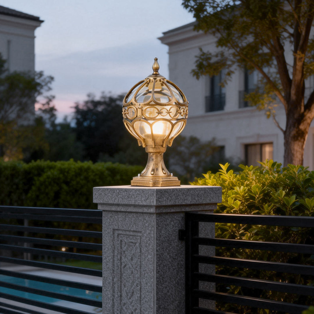 European Globe Pillar Light Die-Cast Aluminum Glass Black or Bronze Hardwired IP54 3 Sizes Polished E27