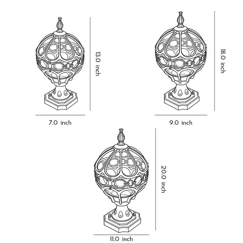 European Globe Pillar Light Die-Cast Aluminum Glass Black or Bronze Hardwired IP54 3 Sizes Polished E27