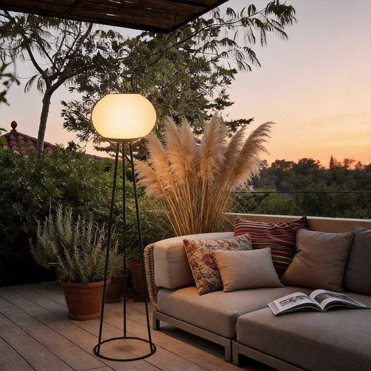 Solar Tripod Globe LED Outdoor Floor Lamp IP65 3-Step CCT Metal PE Dusk-to-Dawn