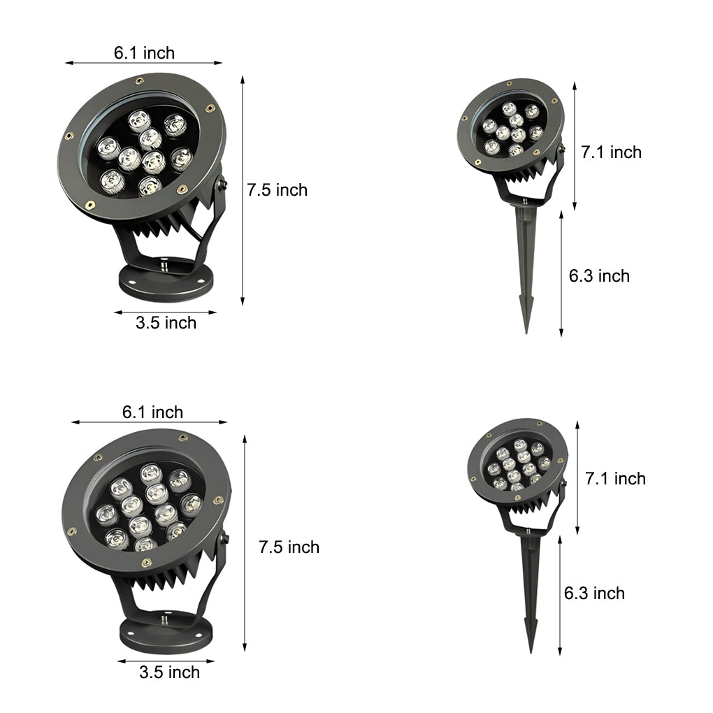 Outdoor LED Spotlight Round Die-Cast Aluminum Tempered Glass 9W 12W 18W 24W DC24V 3000K IP65 Base or Ground Insert