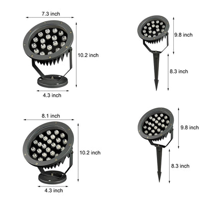 Outdoor LED Spotlight Round Die-Cast Aluminum Tempered Glass 9W 12W 18W 24W DC24V 3000K IP65 Base or Ground Insert