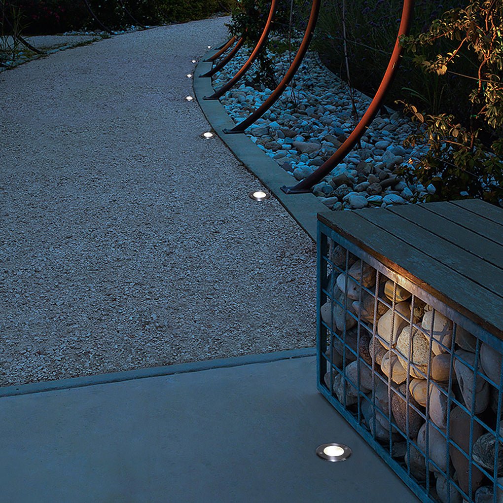 Hardwired LED Recessed In-Ground Well Light Chrome Stainless Steel Frosted Glass 3W or 5W IP65 3000K Deck Poolside Garden