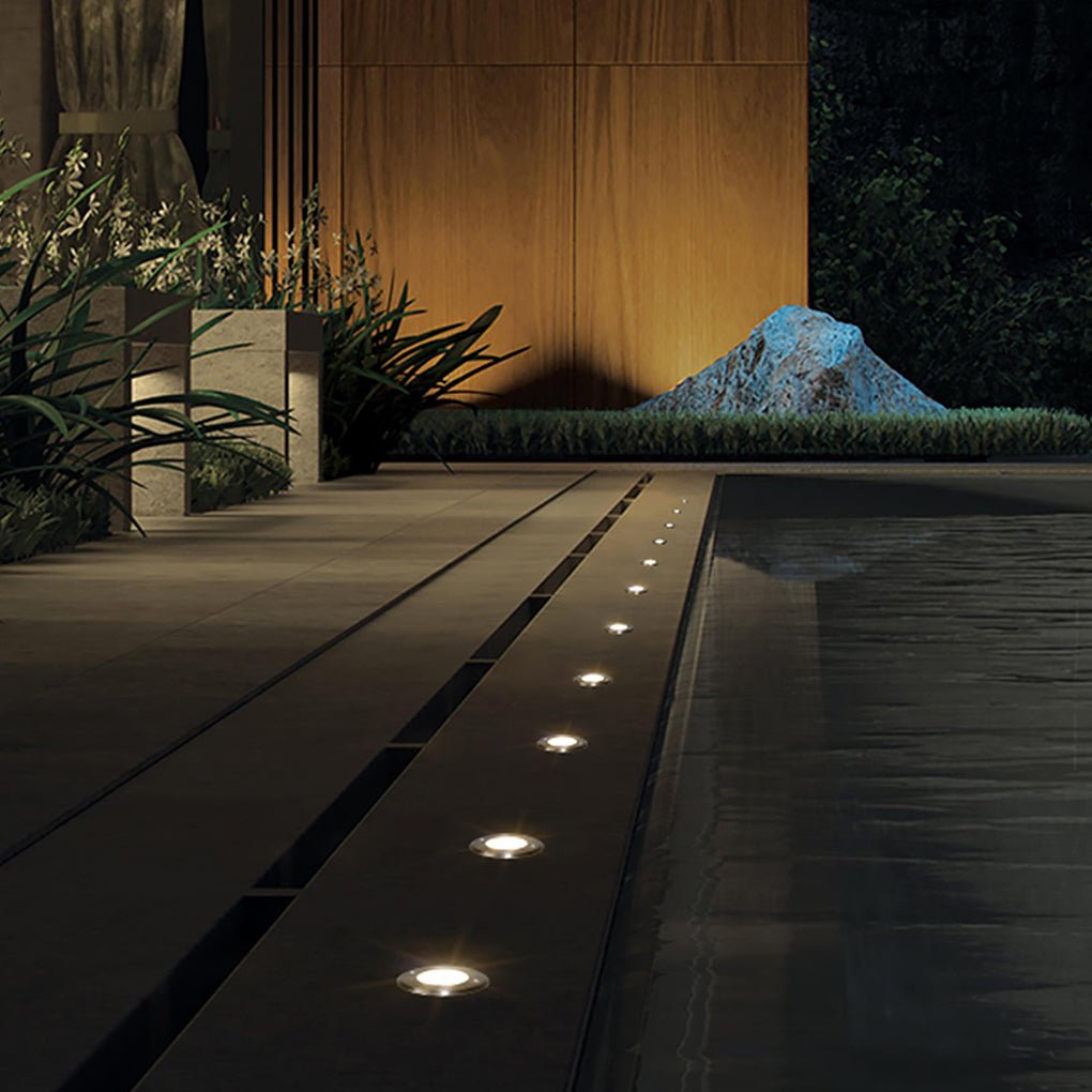 Hardwired LED Recessed In-Ground Well Light Chrome Stainless Steel Frosted Glass 3W or 5W IP65 3000K Deck Poolside Garden