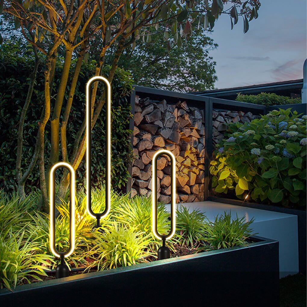 Sleek Black Oval Ring LED Outdoor Courtyard Lamp Solar or Hardwired DC12V 6W–10W IP54 3 Heights Ground Insert or Base