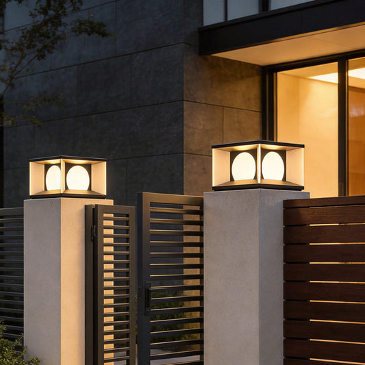 Modern Stainless Steel PC Globe Solar or Hardwired Outdoor Pillar Light Black IP65 8 Hour 2 Sizes Garden Villa