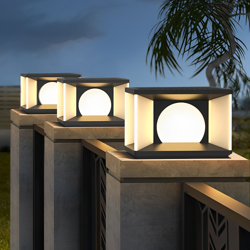 Modern Stainless Steel PC Globe Solar or Hardwired Outdoor Pillar Light Black IP65 8 Hour 2 Sizes Garden Villa