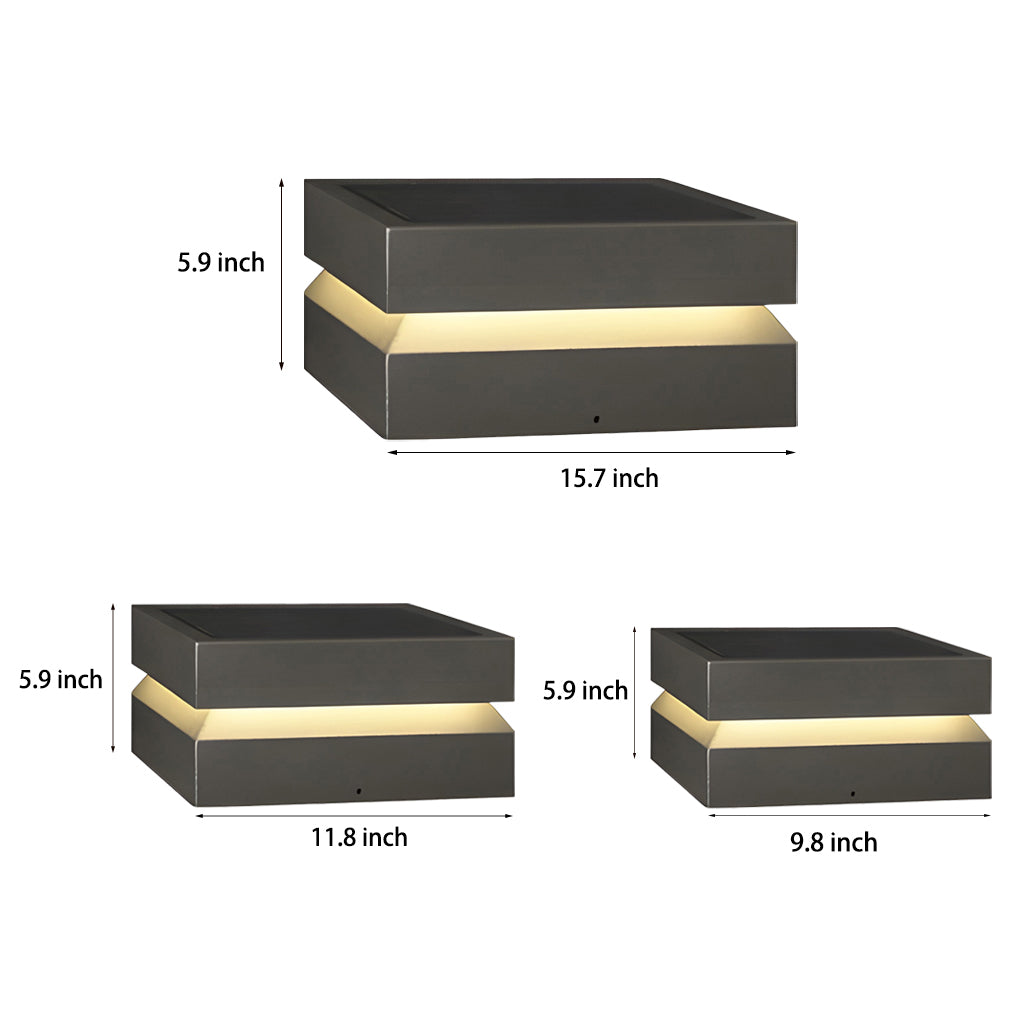 Modern Square Stainless Steel Outdoor Pillar Light Black Solar or Hardwired IP65 3000K 3 Sizes Deck Post