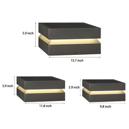 Modern Square Stainless Steel Outdoor Pillar Light Black Solar or Hardwired IP65 3000K 3 Sizes Deck Post