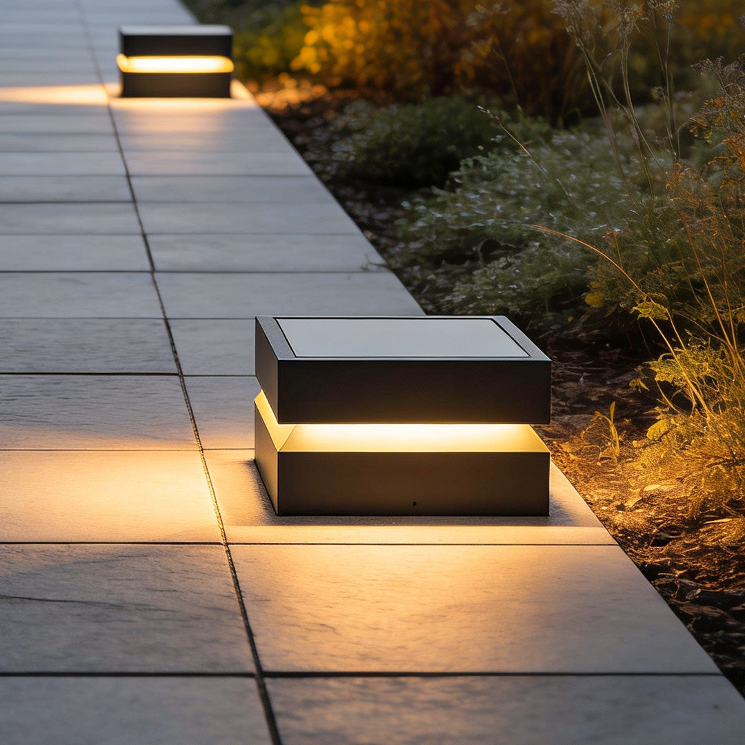 Modern Square Stainless Steel Outdoor Pillar Light Black Solar or Hardwired IP65 3000K 3 Sizes Deck Post