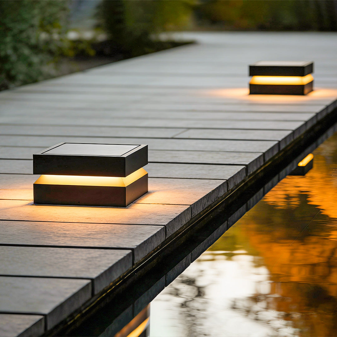 Modern Square Stainless Steel Outdoor Pillar Light Black Solar or Hardwired IP65 3000K 3 Sizes Deck Post