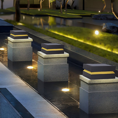 Modern Square Stainless Steel Outdoor Pillar Light Black Solar or Hardwired IP65 3000K 3 Sizes Deck Post