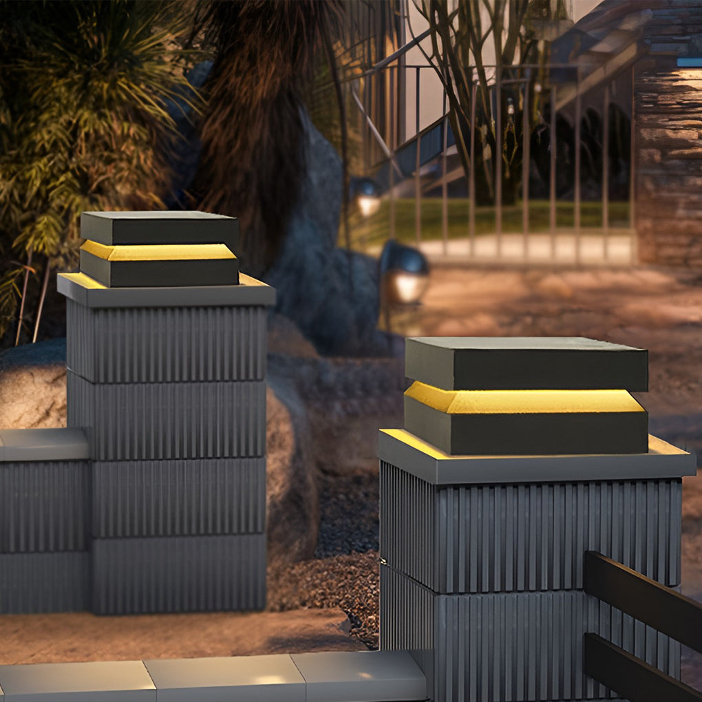 Modern Square Stainless Steel Outdoor Pillar Light Black Solar or Hardwired IP65 3000K 3 Sizes Deck Post