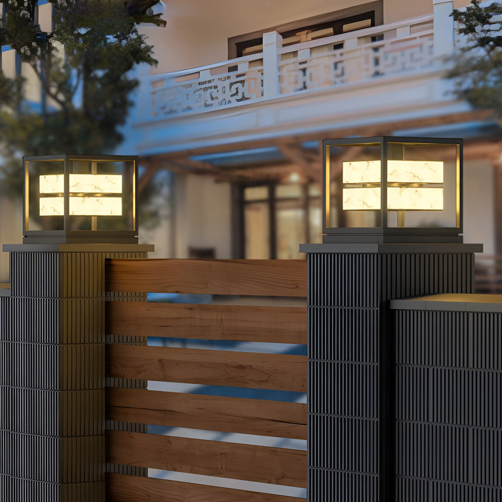 Modern Brick Square Stainless Steel PC Outdoor Pillar Light Black Single or Double Layer Solar or Hardwired IP65 Villa Gate