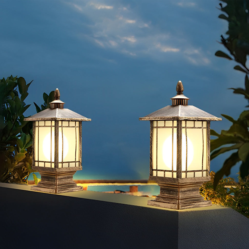 Retro Die-Cast Aluminum Frosted Glass Outdoor Pillar Light Black or Bronze 3 Grid Styles IP55 Hardwired E27