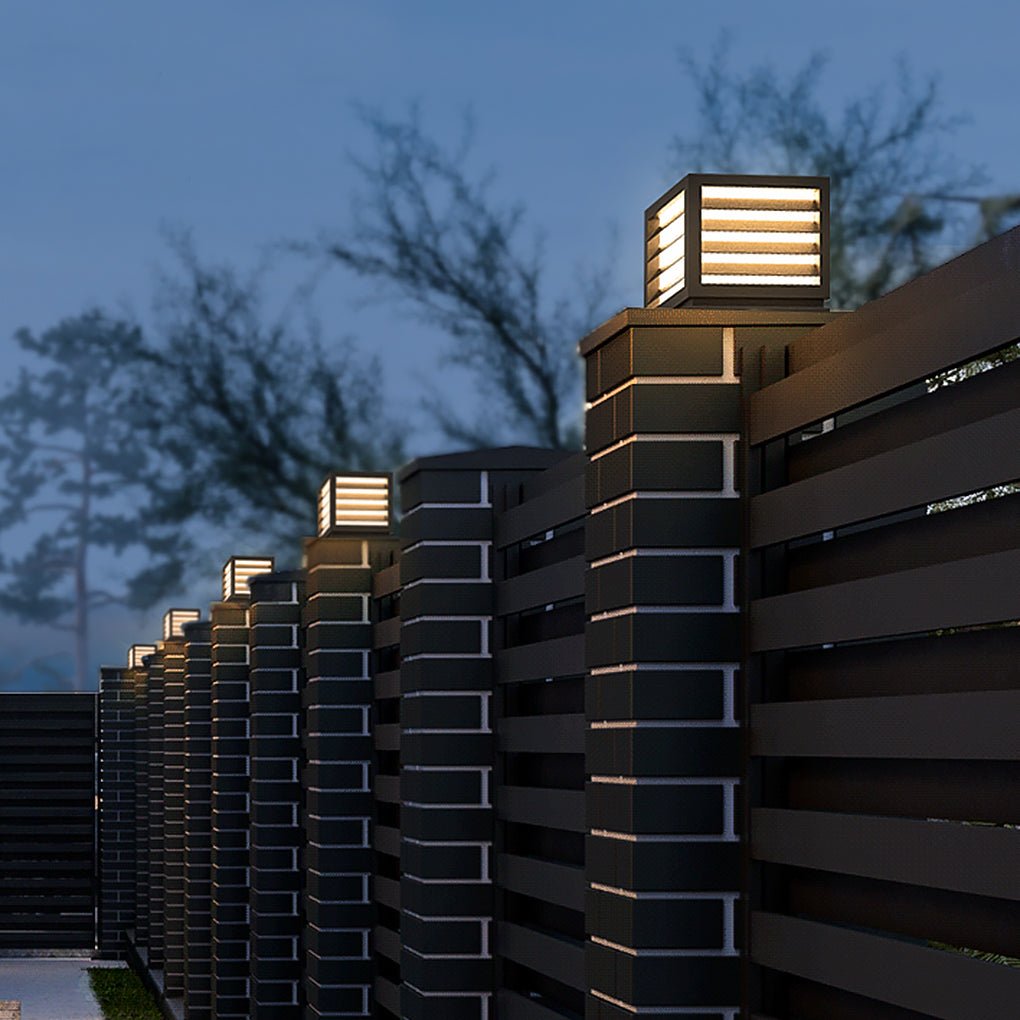 Louvred Aluminum PC Outdoor Pillar Light Black Solar or Hardwired IP54 4 Sizes Terrace Deck Post