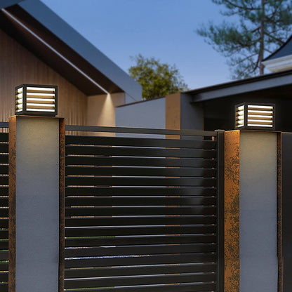 Louvred Aluminum PC Outdoor Pillar Light Black Solar or Hardwired IP54 4 Sizes Terrace Deck Post