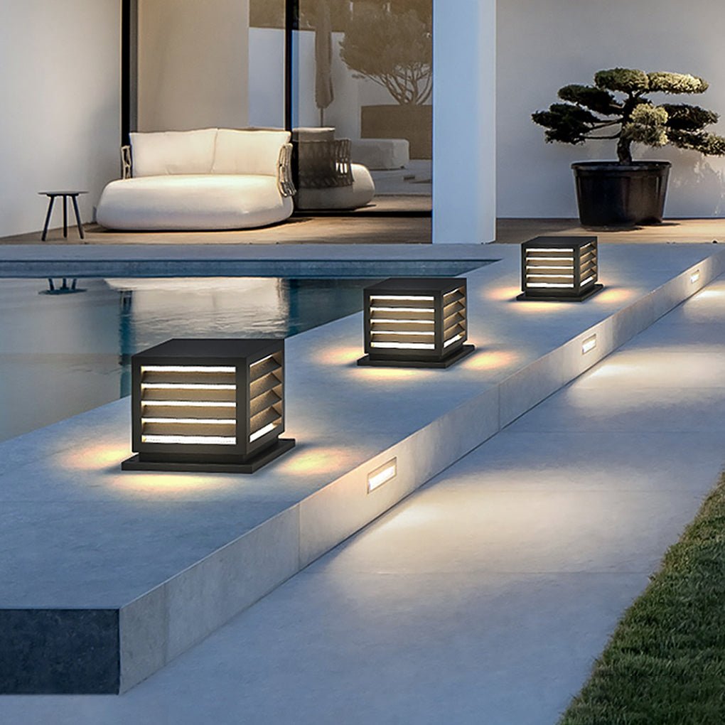 Louvred Aluminum PC Outdoor Pillar Light Black Solar or Hardwired IP54 4 Sizes Terrace Deck Post