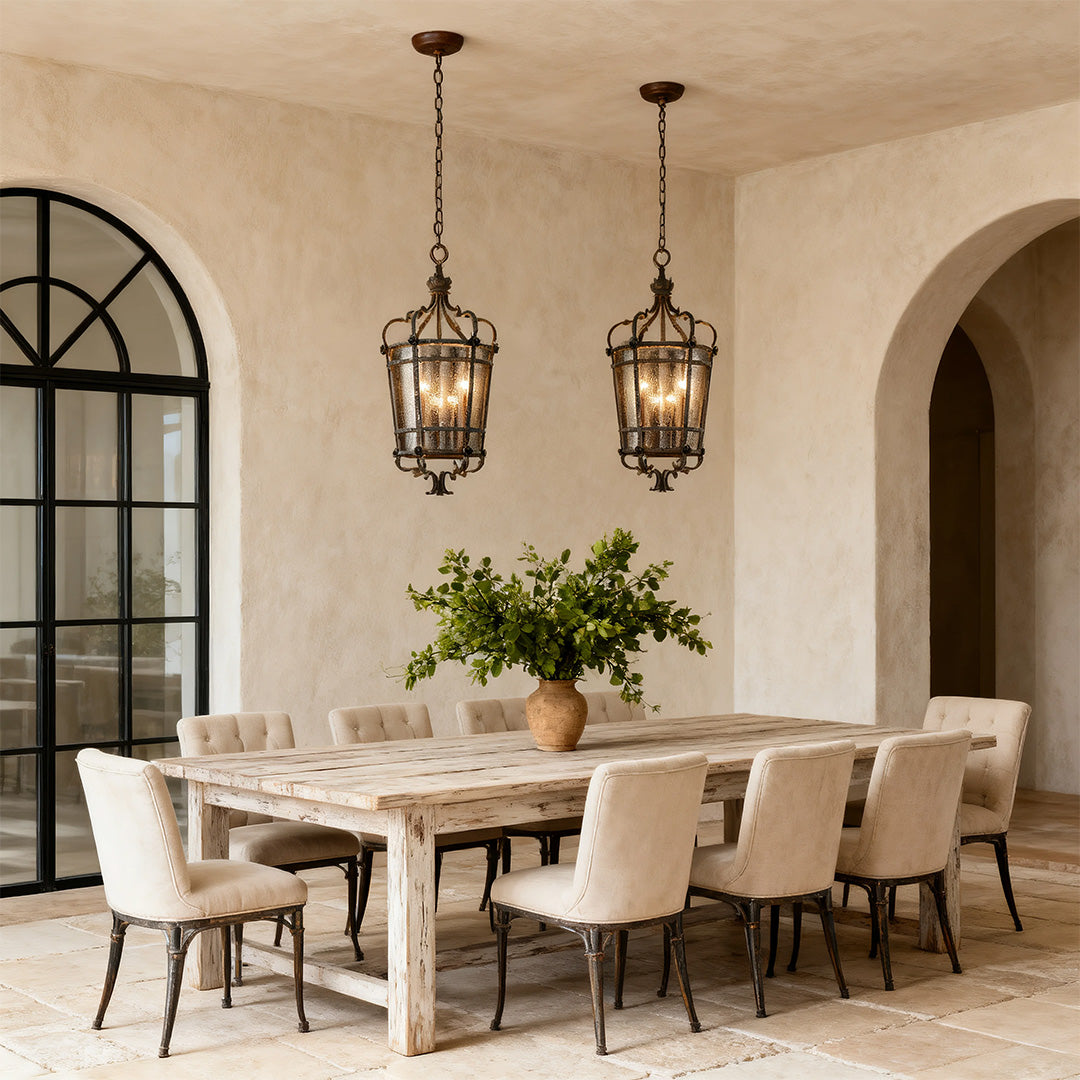 Italian Gothic Lantern Pendant Antique Bronze Iron 3-Light Transparent Glass E12 Dining Foyer