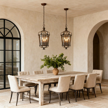 Italian Gothic Lantern Pendant Antique Bronze Iron 3-Light Transparent Glass E12 Dining Foyer