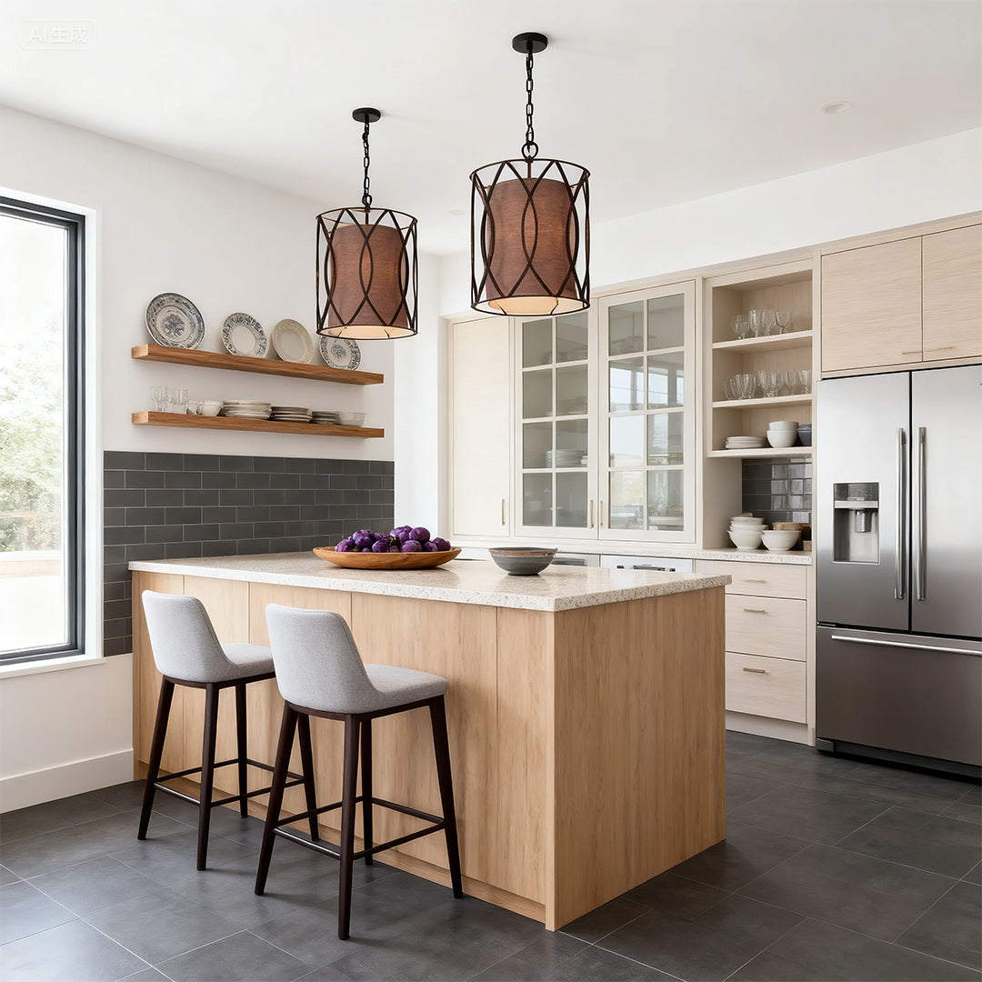 Black Industrial Pendant Light Caged Cast Iron Linen Fabric Shade E12 Kitchen Island Dining Room 14 Inch