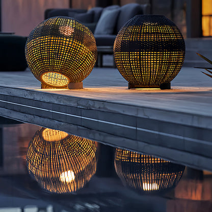 Woven Grass Vine Globe Outdoor Floor Lantern IP65 Solar/Hardwired 3000K Stainless Steel