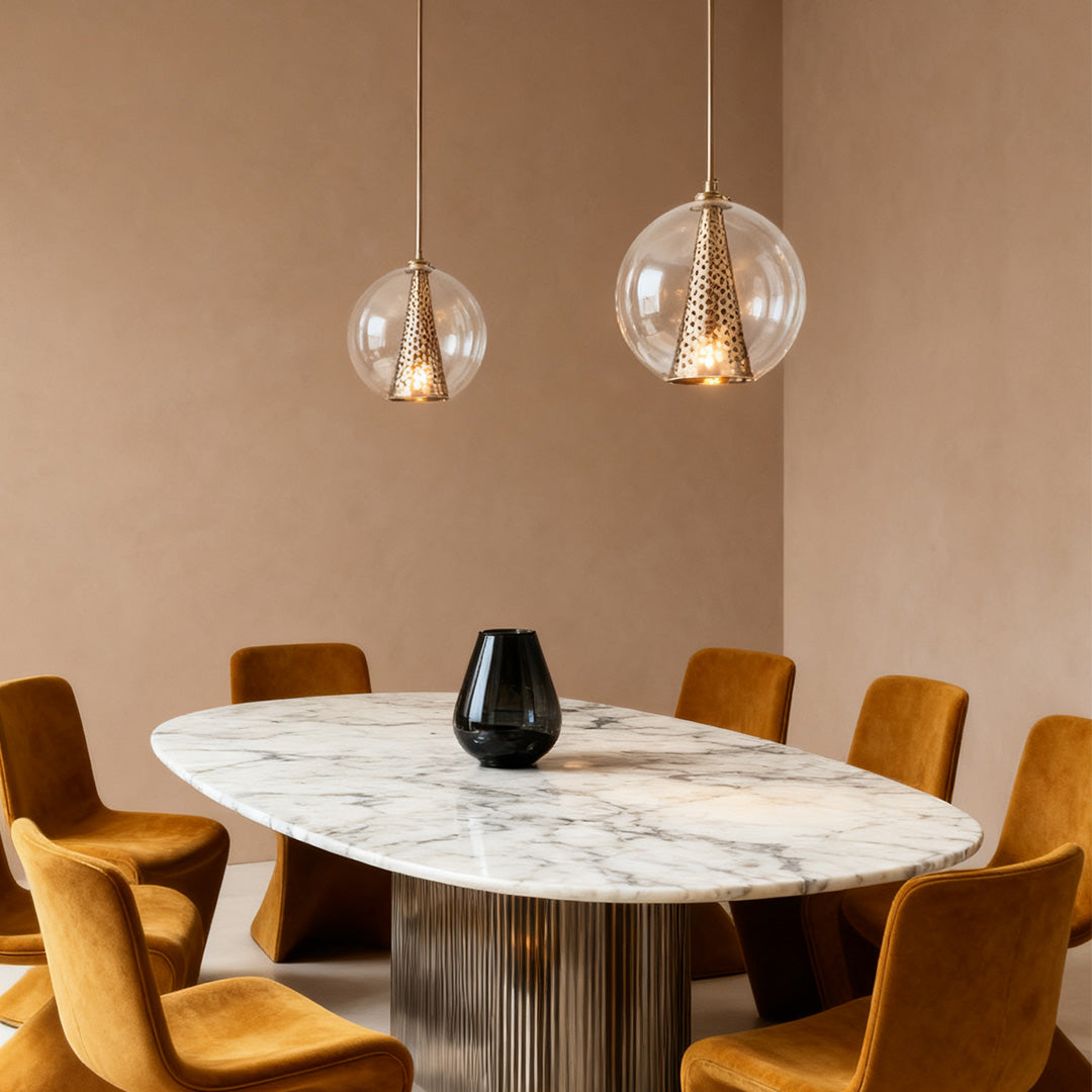 Glass Ball Pendant Light Italian Minimalist Clear Glass Perforated Copper Brass Cone E26 Dining Room 10 Inch