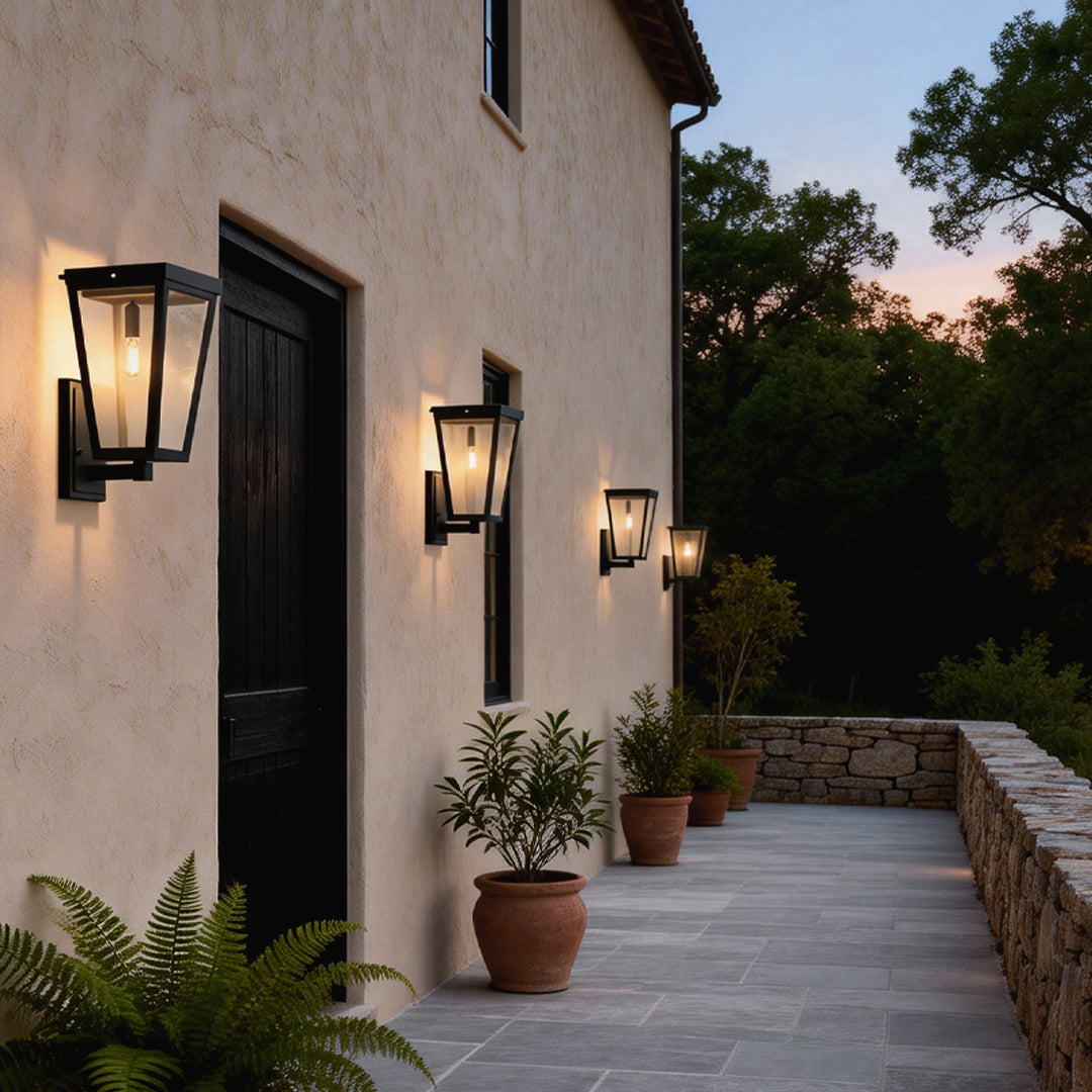 Modern LED Outdoor Wall Lantern Solar Hardwired Dual Power Die-Cast Aluminum Glass Black IP43 3000K
